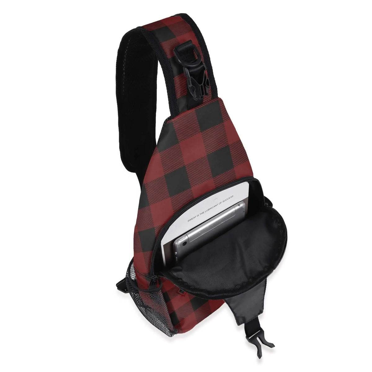 Red Buffalo Plaid Crossbody Bag by Winks Design Studio, LLC, with adjustable strap and zip closure, featuring classic plaid pattern.