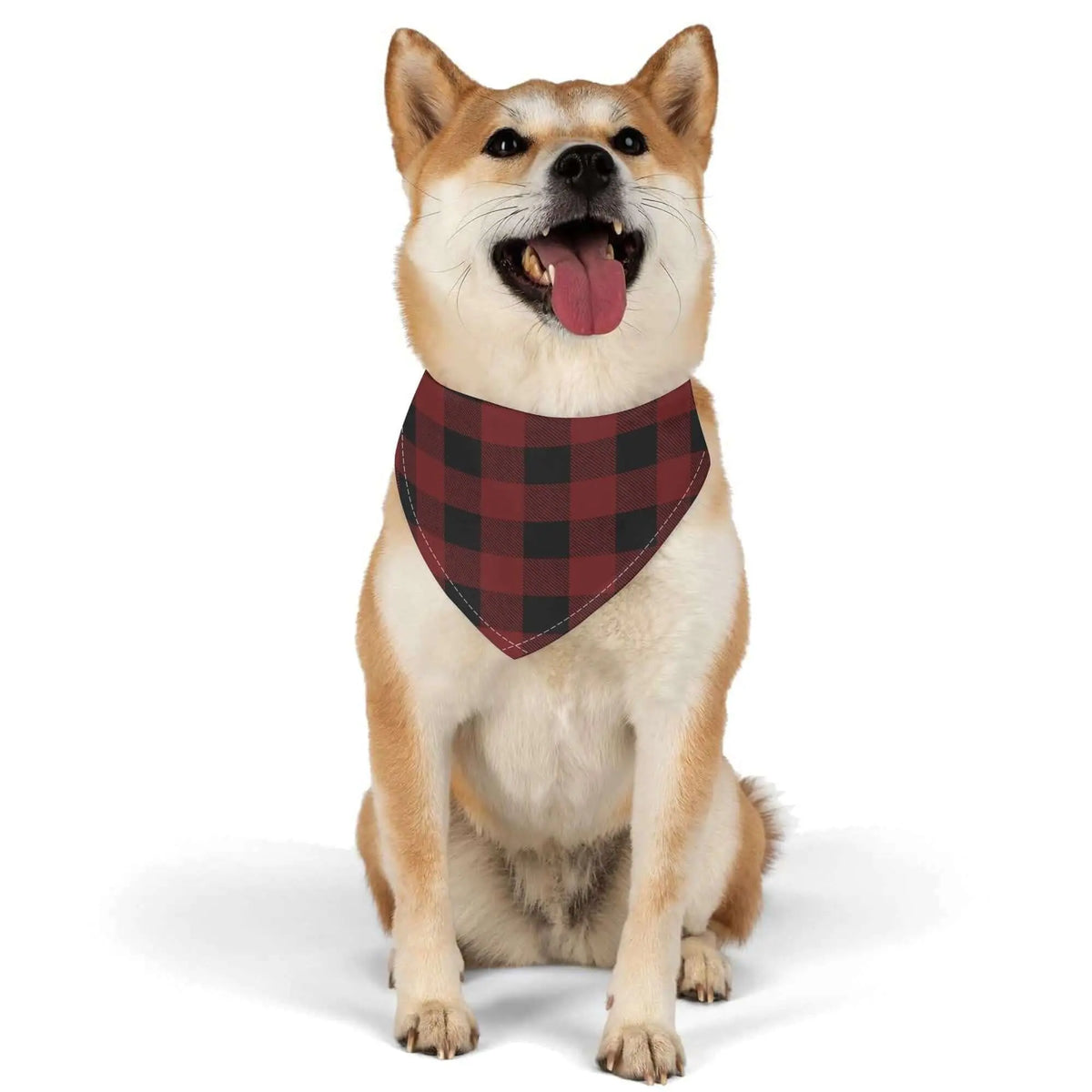 Red Buffalo Plaid Dog Bandana by Winks Design Studio, LLC, featuring classic plaid pattern on soft fabric for stylish pets.