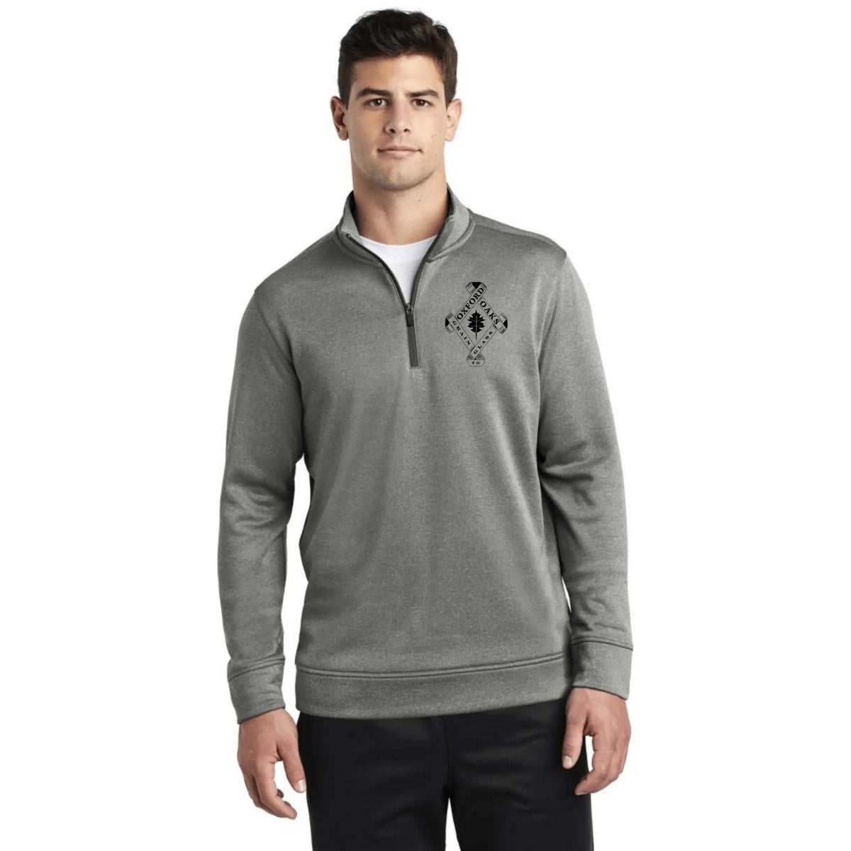 Dark silver Oxford Oaks Distillery fleece pullover by Winks Design Studio, LLC, shown in a small size with a cozy, soft texture.