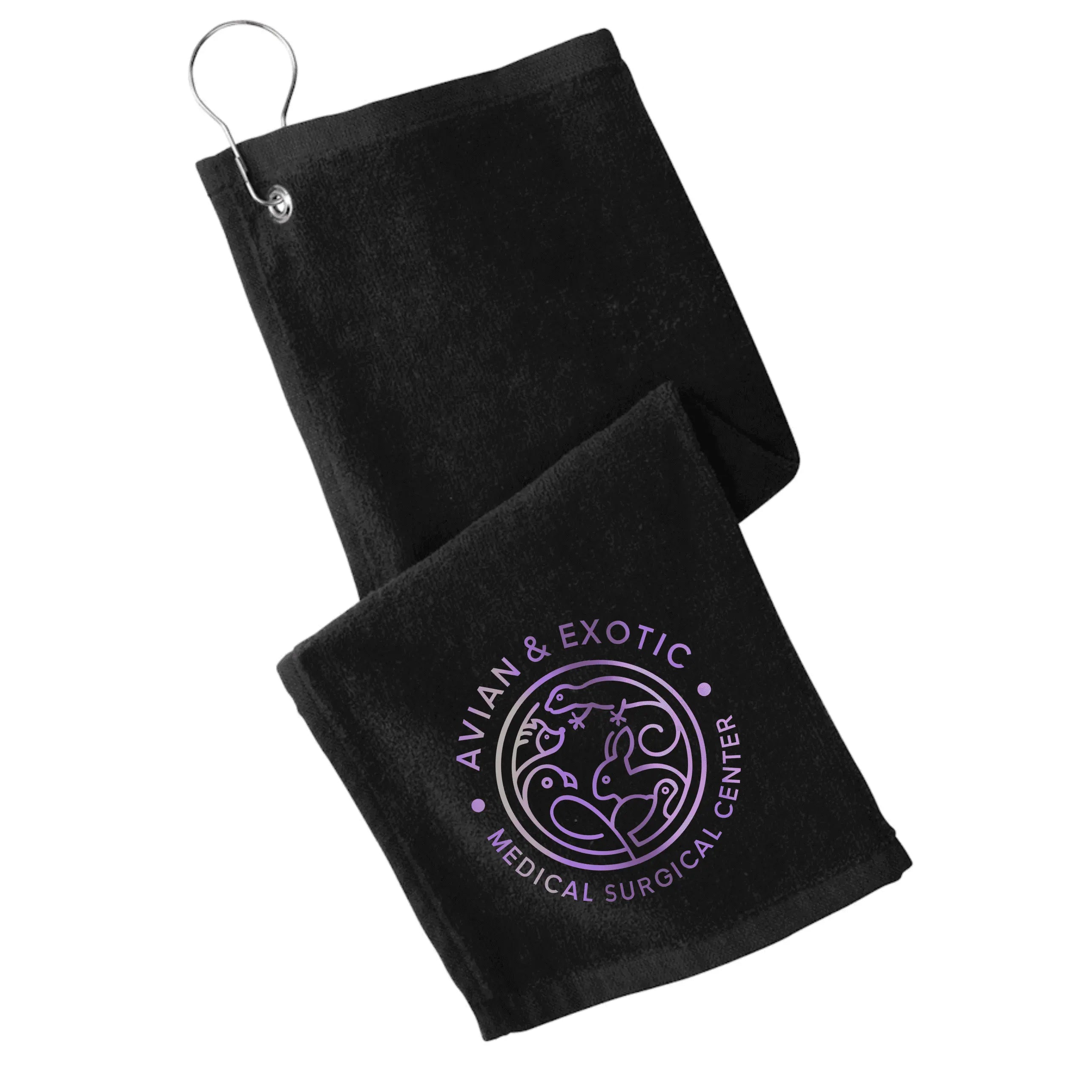 Black Avian Exotic hemmed golf towel by Winks Design Studio, LLC featuring detailed bird design on soft fabric.