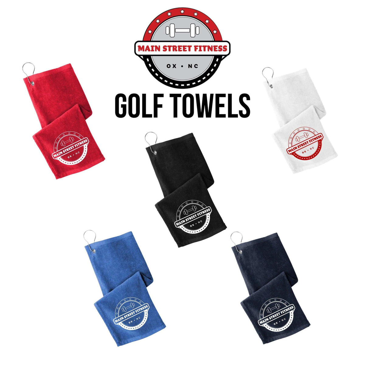 Black Main Street Fitness golf towel by Winks Design Studio, LLC, featuring a soft fabric and golf-related branding.