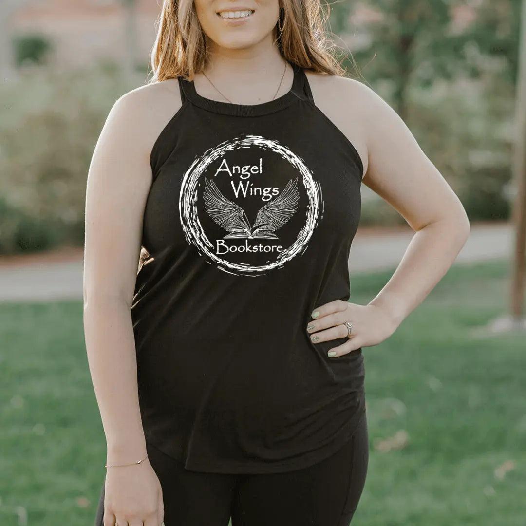 Black circular halter top with angel wings print from Winks Design Studio, LLC, featuring a stylish sleeveless design.