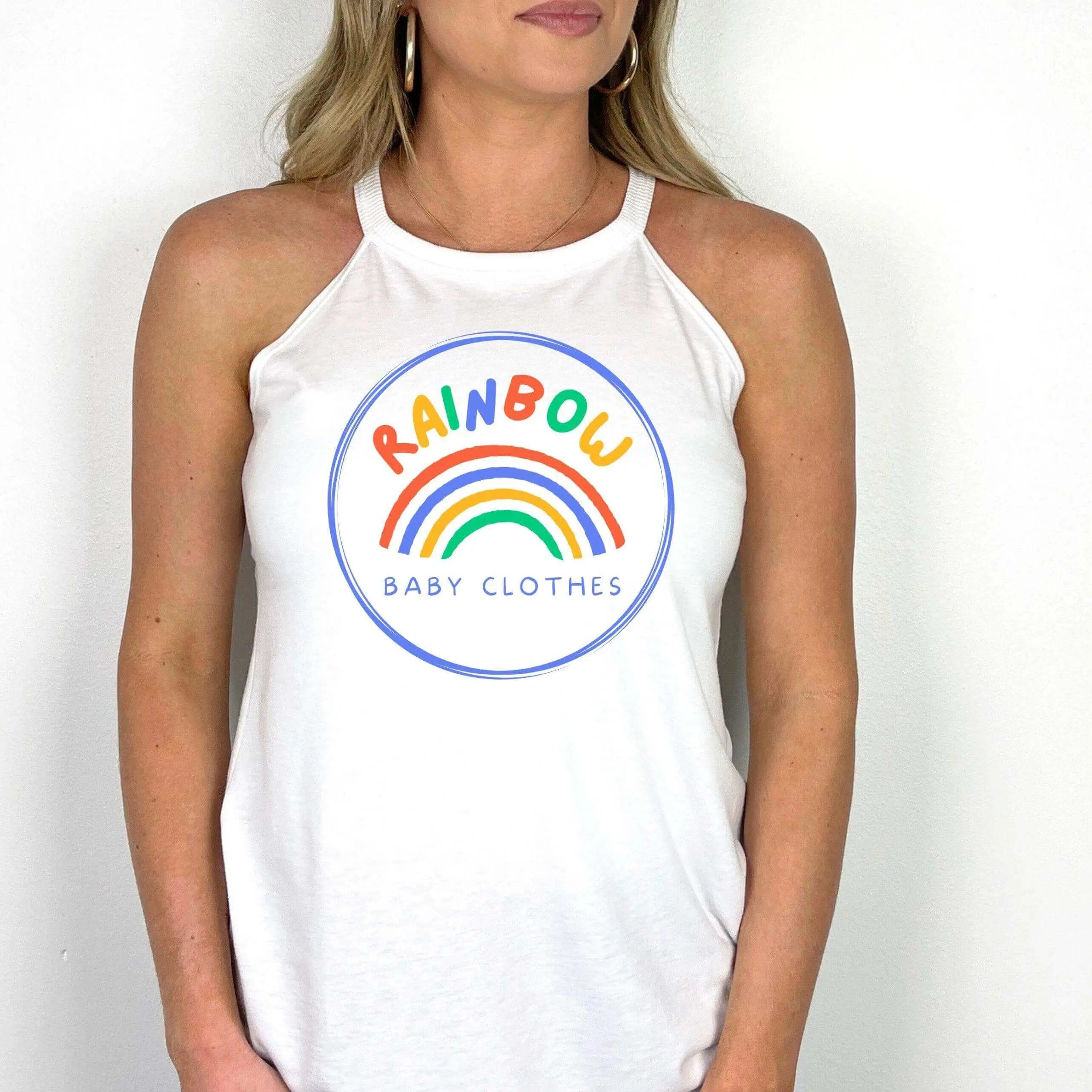 Black custom halter tank top from Winks Design Studio, LLC, featuring a stylish halter neckline and fitted design.