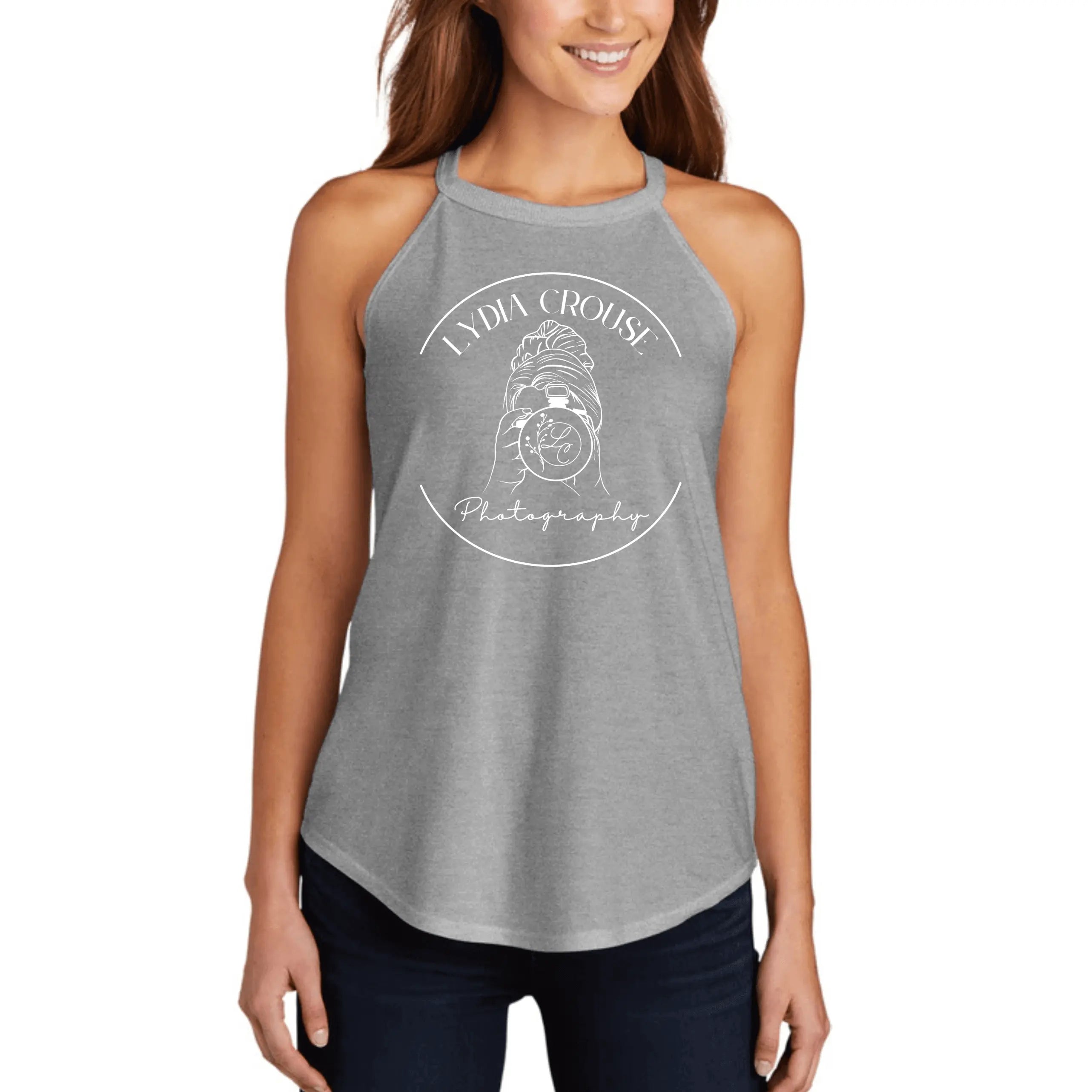 Gray Lydia Crouse halter tank top by Winks Design Studio, LLC, featuring a fitted design and halter neckline.