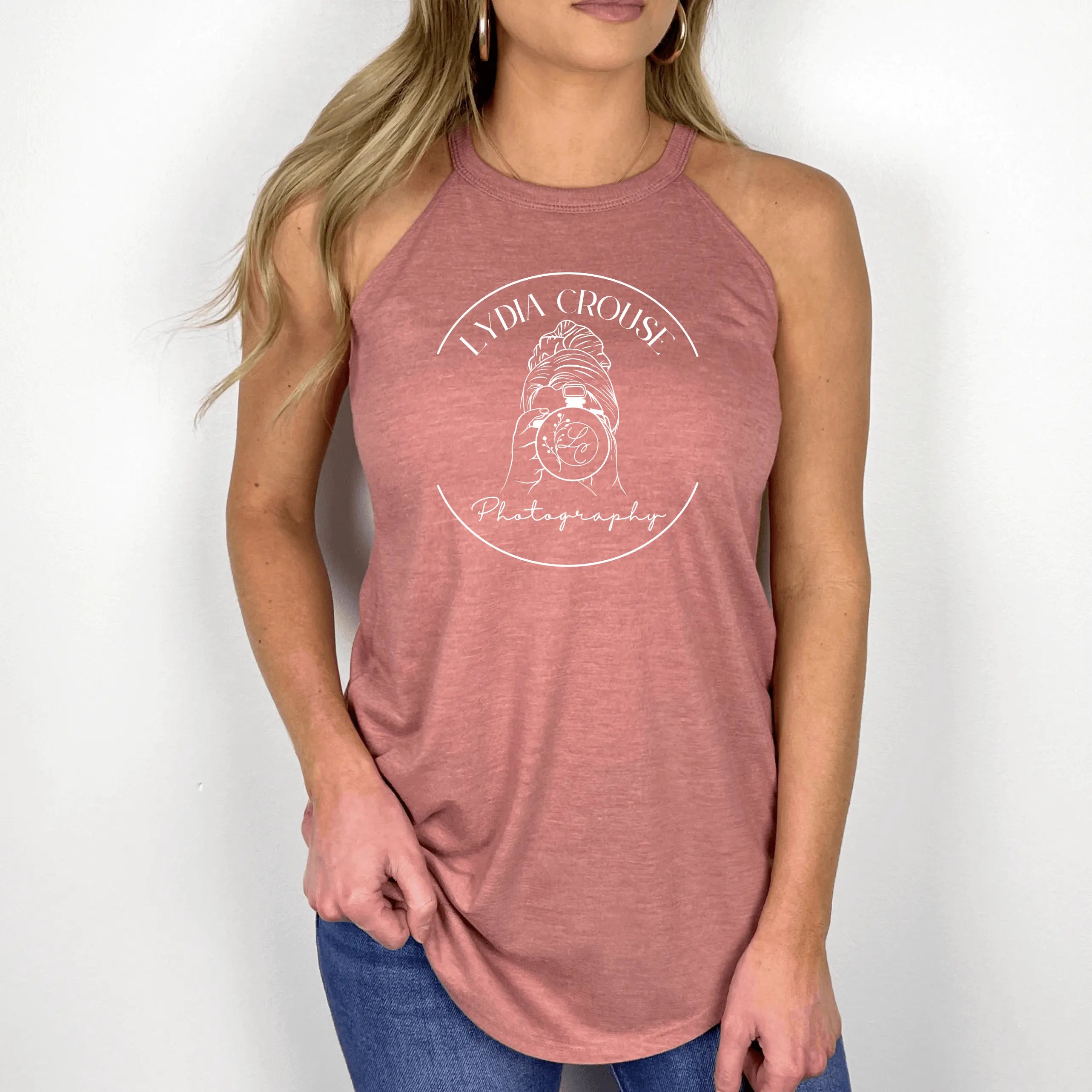 Gray Lydia Crouse halter tank top by Winks Design Studio, LLC, shown on a small-sized mannequin.