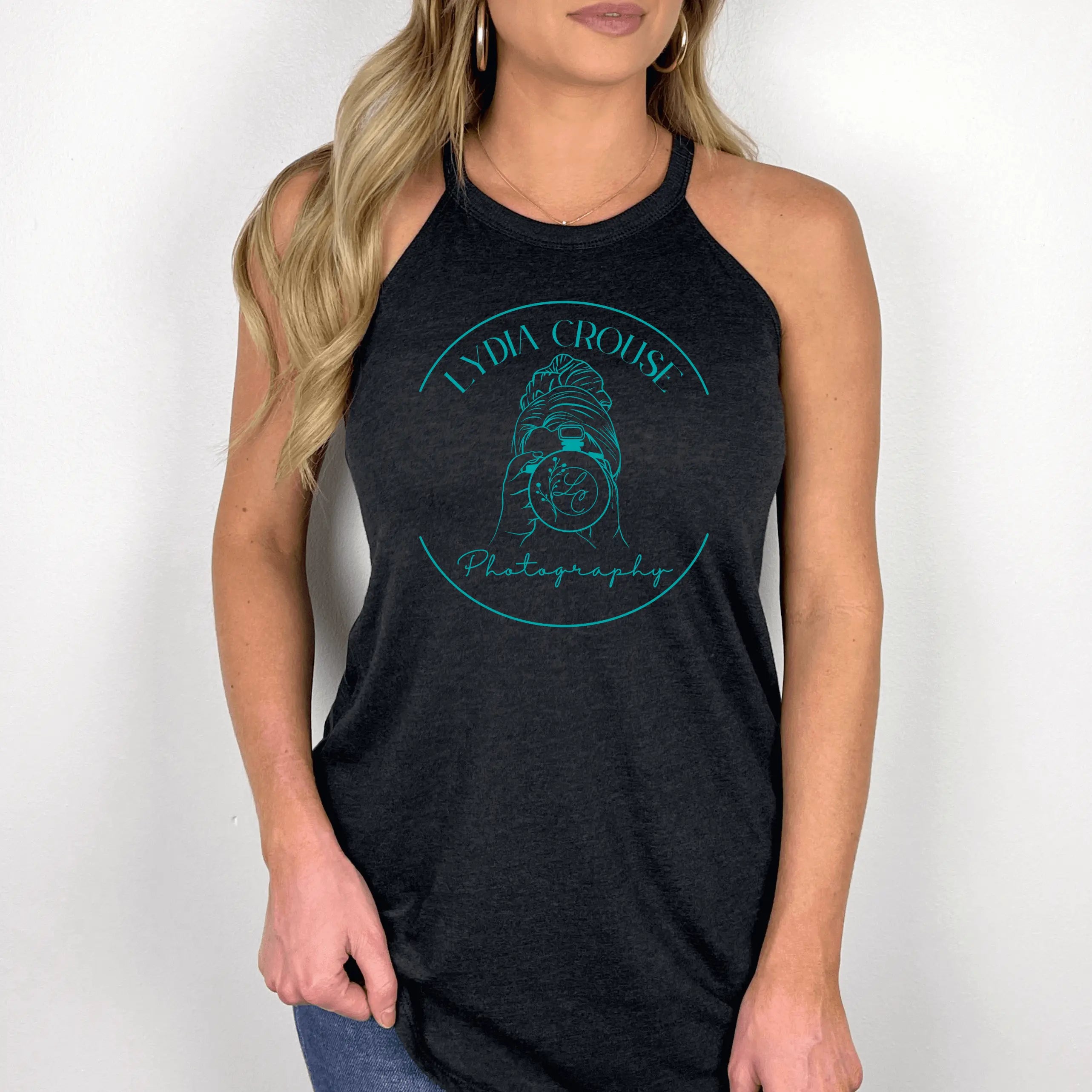 Gray Lydia Crouse halter tank top by Winks Design Studio, LLC, featuring a stylish halter neckline and fitted silhouette.