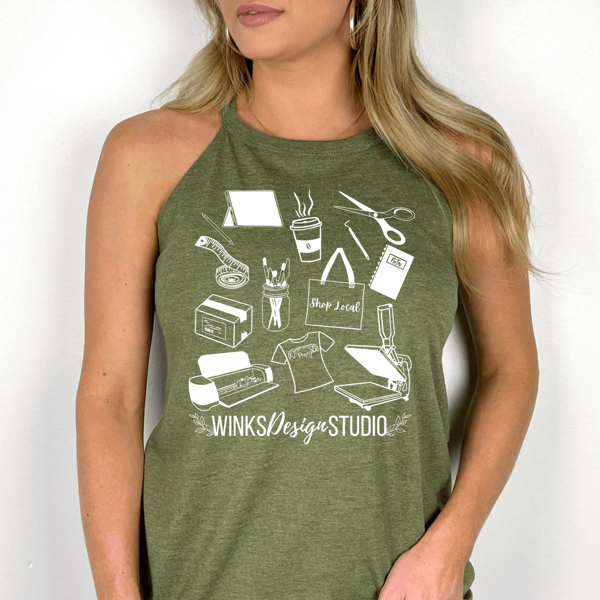 Green Winks Design Studio WDS Pattern Halter Tank top, small size, sleeveless halter style for women.