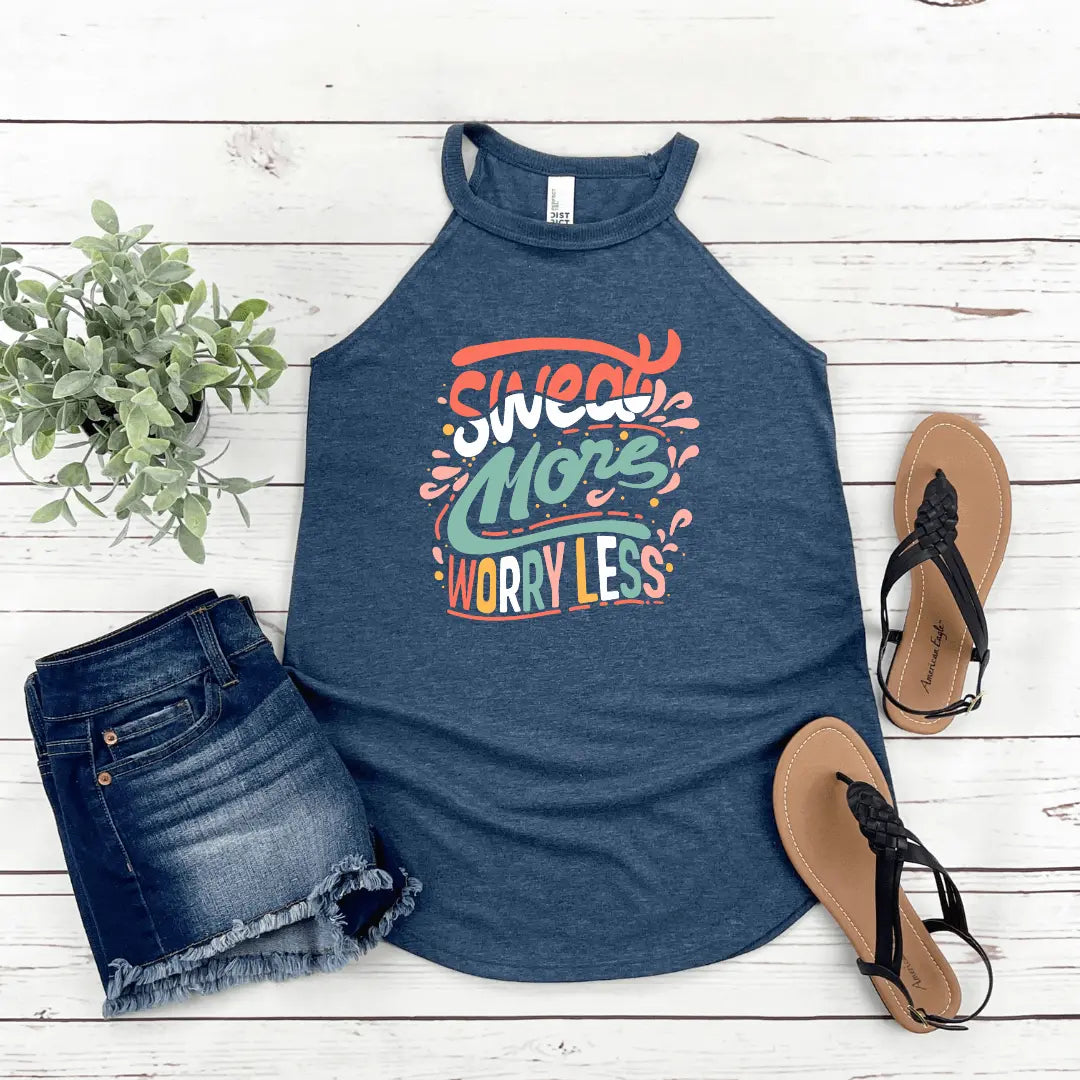 Winks Design Studio LLC Sweat More Worry Less halter top in small size, stylish tank with bold slogan and sleeveless design.