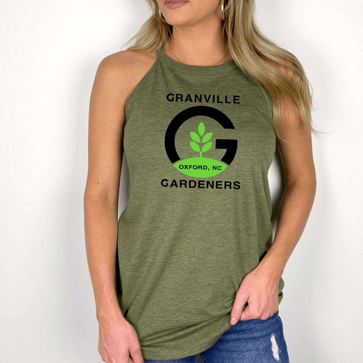 White Halter top featuring the Granville Gardeners logo by Winks Design Studio, LLC, with a fitted style and sleeveless design.