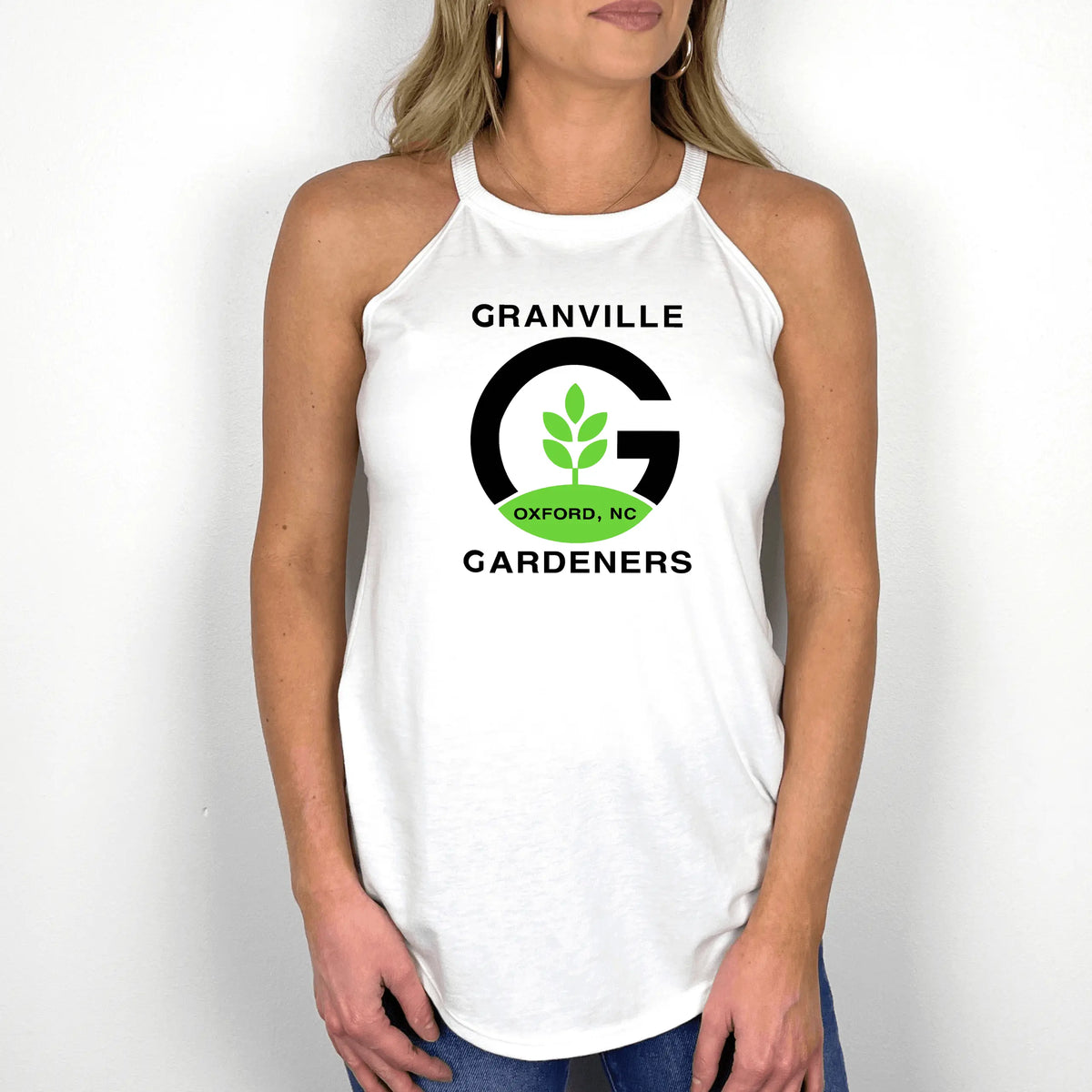 White Granville Gardeners Logo Halter Top by Winks Design Studio, LLC, featuring a stylish halter neckline and garden-themed logo.