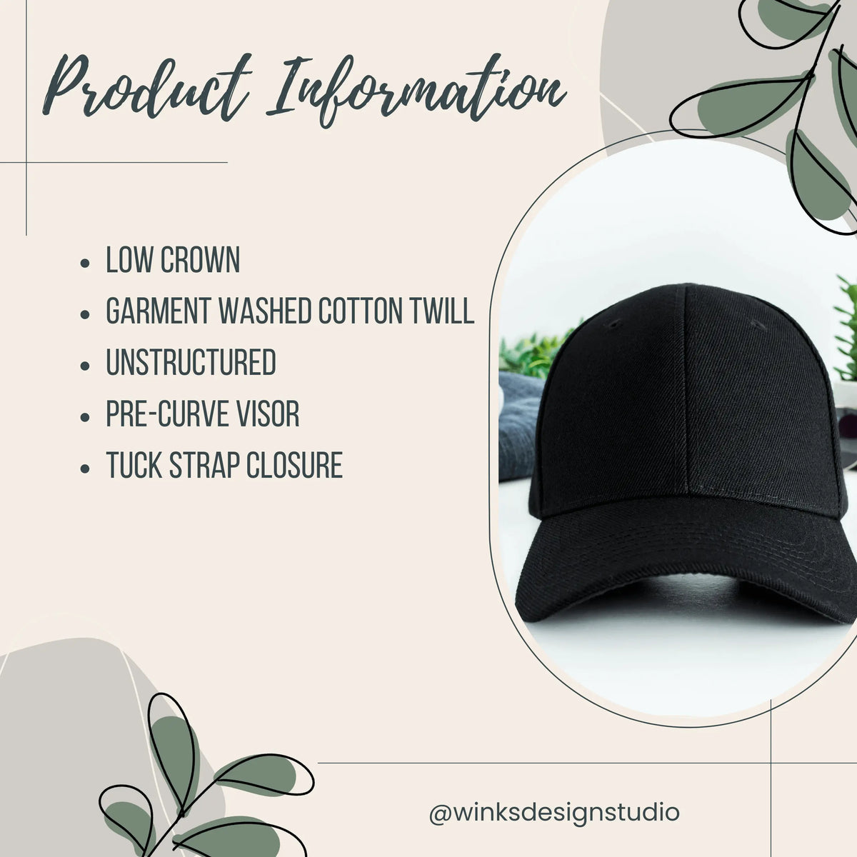 Black twill hat by Winks Design Studio with custom pet ear outline embroidery, stylish and unique pet-themed hat.