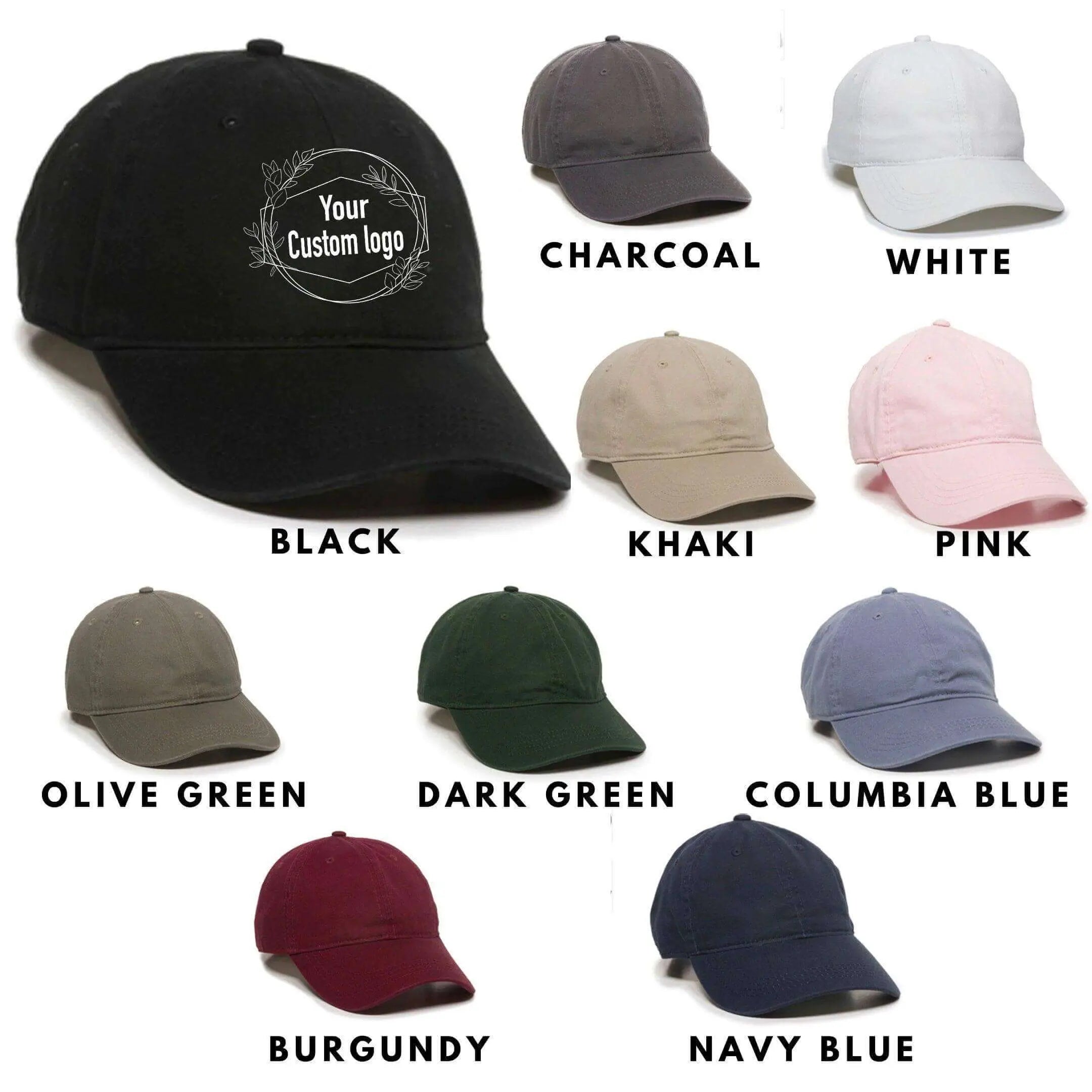 Black custom twill hat by Winks Design Studio, LLC with a structured brim and adjustable strap, featuring embroidered detailing.