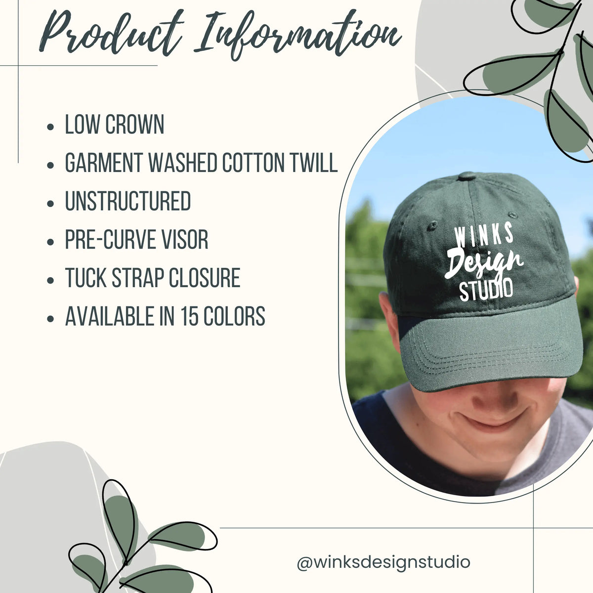 Green Winks Design Studio LLC WDS Twill Hat featuring a classic brim and adjustable strap, perfect for casual wear.