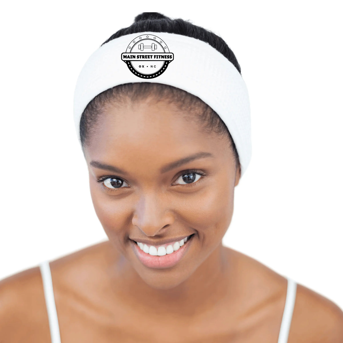 Black Main Street Fitness headband by Winks Design Studio LLC, made of stretchy fabric, ideal for workout and active wear.