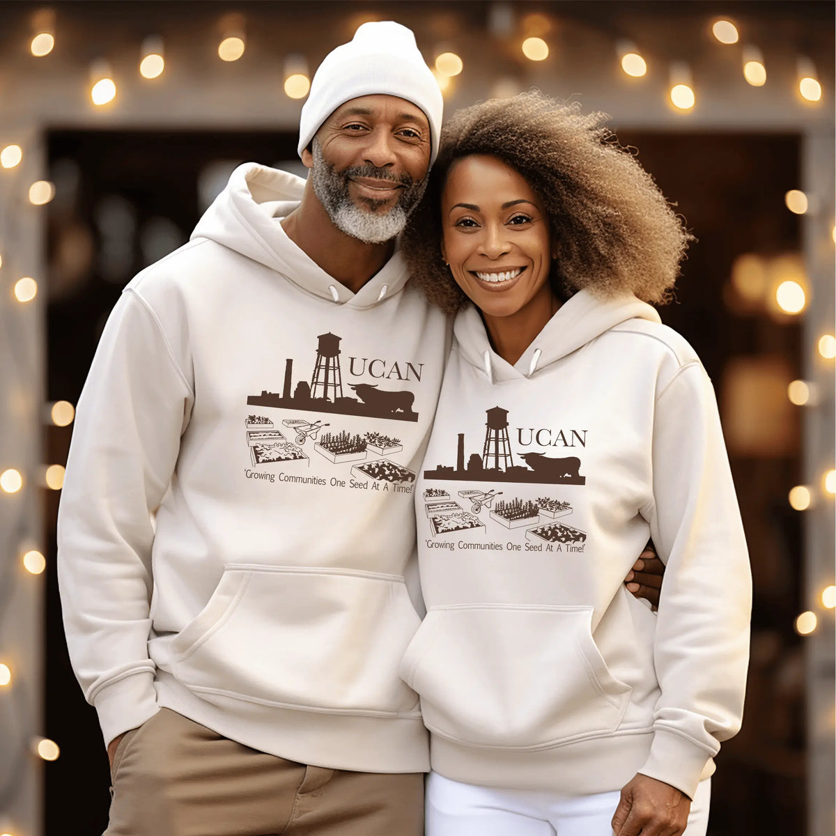 Winks Design Studio LLC UCAN front pouch hoodie in natural color, cozy hooded sweatshirt with front pocket detail.