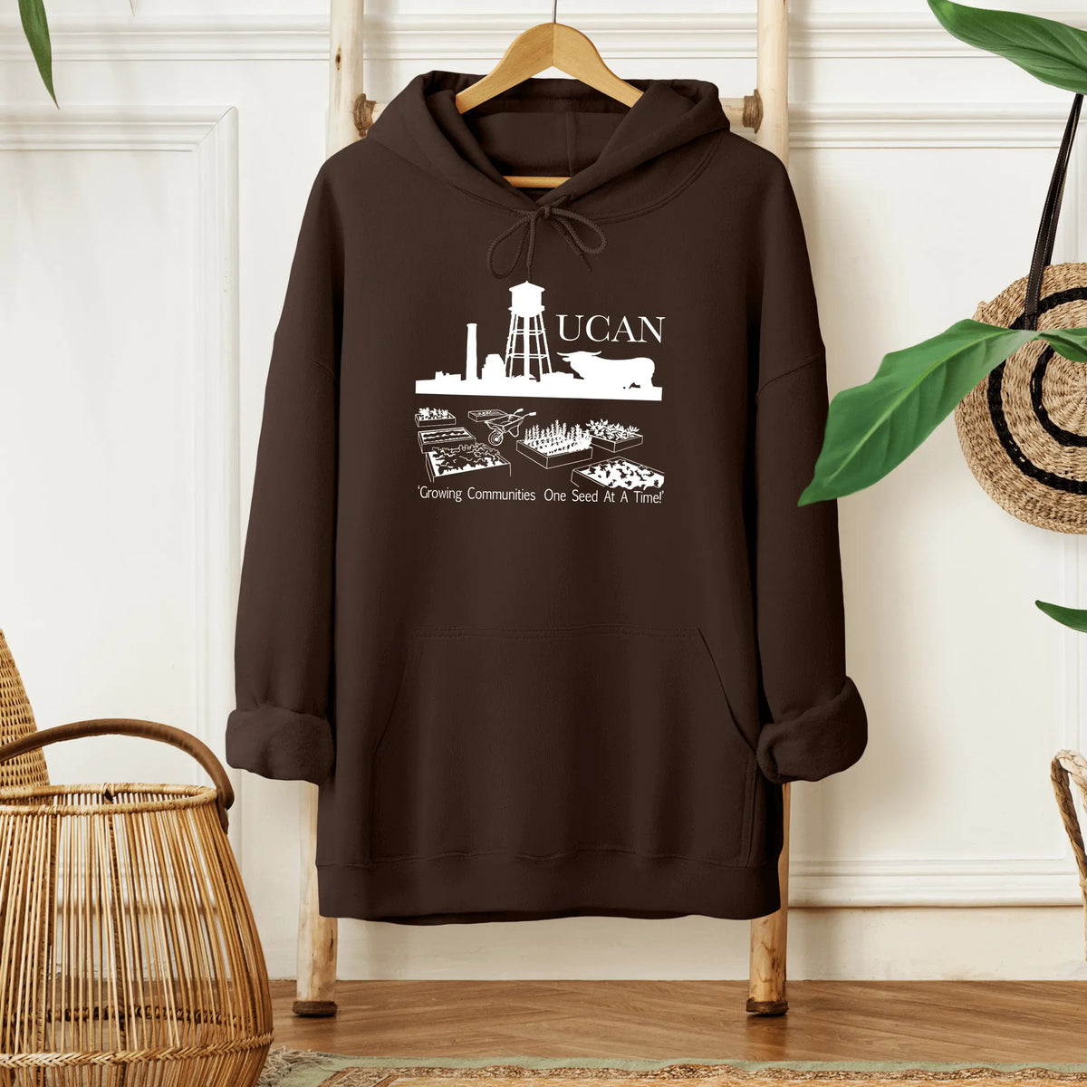 Winks Design Studio LLC UCAN front pouch hoodie in natural color with a cozy hood and spacious front pocket.