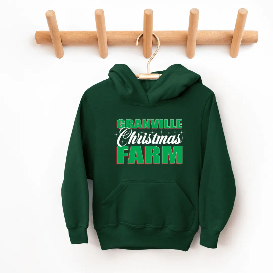Black Granville Christmas Farm kids hoodie by Winks Design Studio, featuring festive holiday farm-themed design.