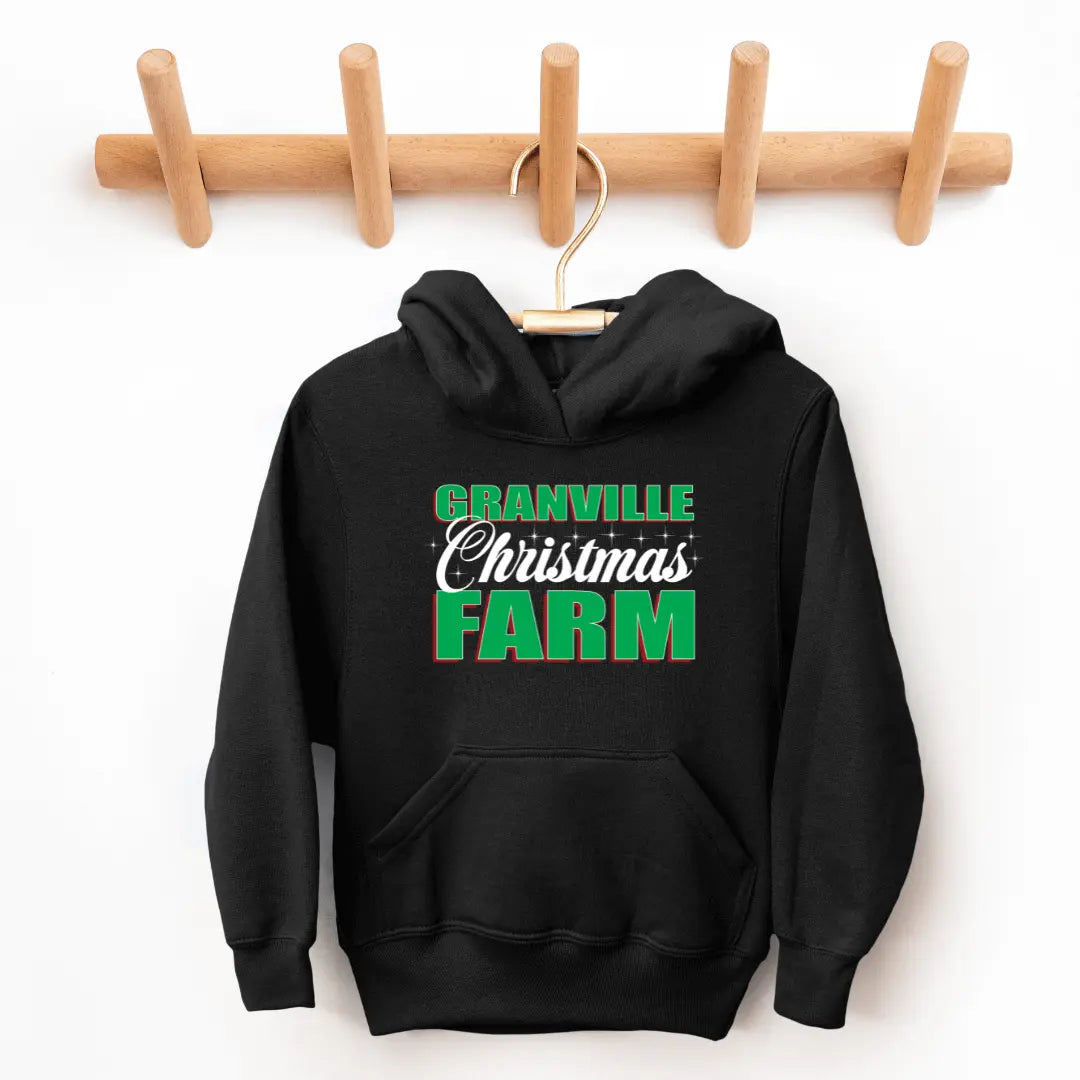 Black Granville Christmas Farm kids hoodie by Winks Design Studio, featuring festive farm-themed graphics for children.