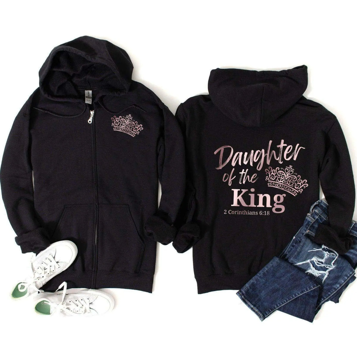 Winks Design Studio LLC Daughter Of The King full-zip hoodie, soft fabric with royal-themed print, casual and comfortable fit.