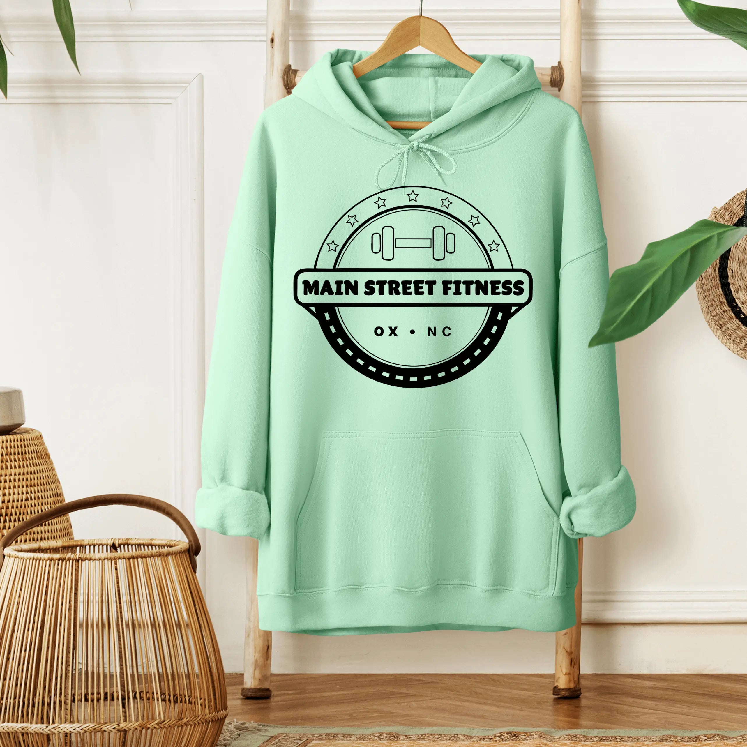 Winks Design Studio LLC Main Street Fitness Front Pouch Hoodie, gray hoodie with front kangaroo pocket and drawstring hood.