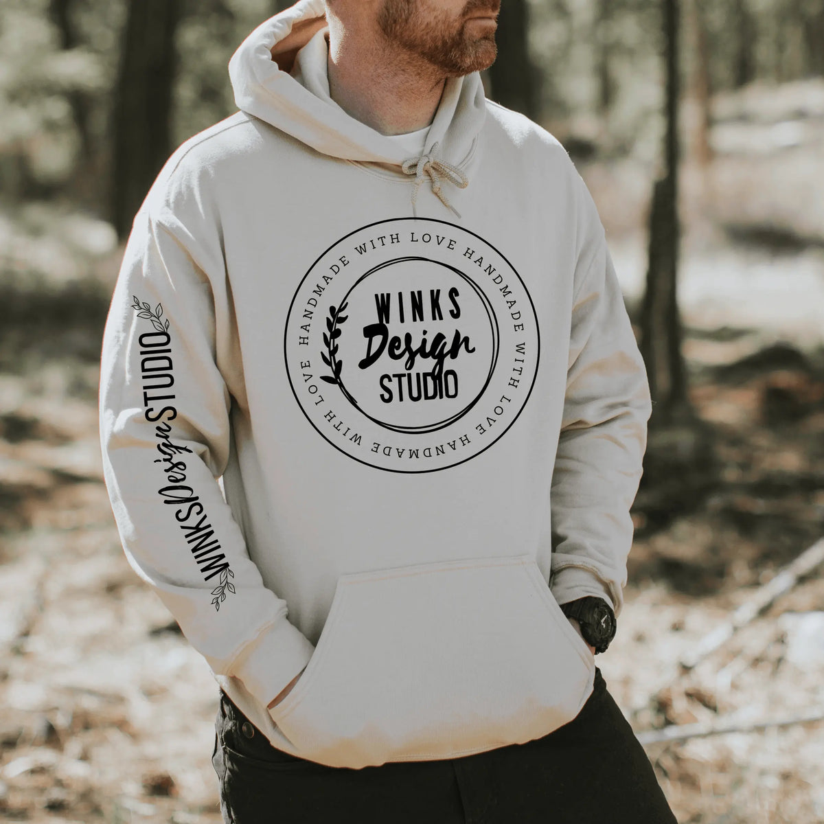 Sand-colored Winks Design Studio hoodie with a front pouch and WDS logo on the chest, casual and comfortable fit.