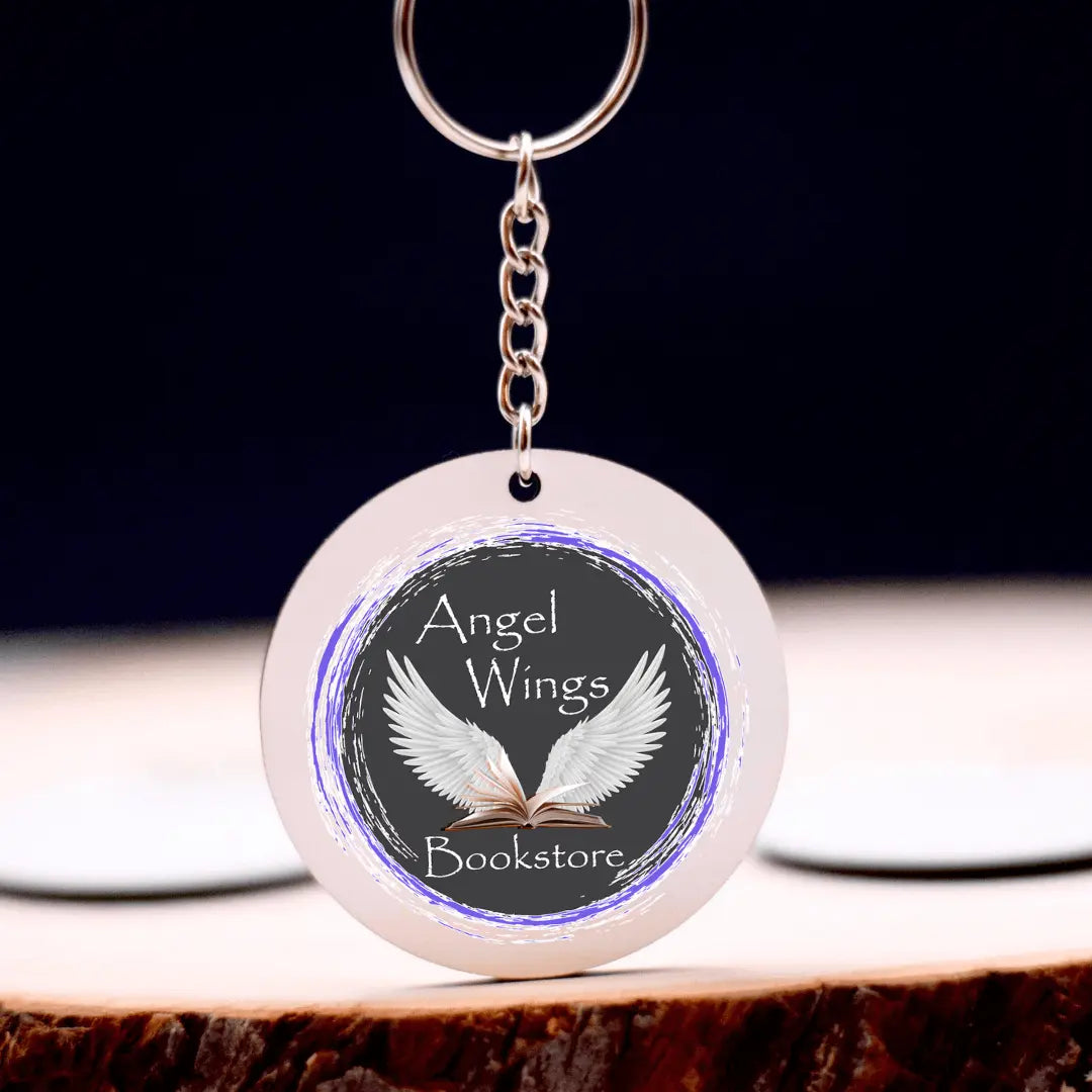Angel Wings Bookstore keychain by Winks Design Studio, LLC featuring a detailed angel wing charm on a metal keyring.
