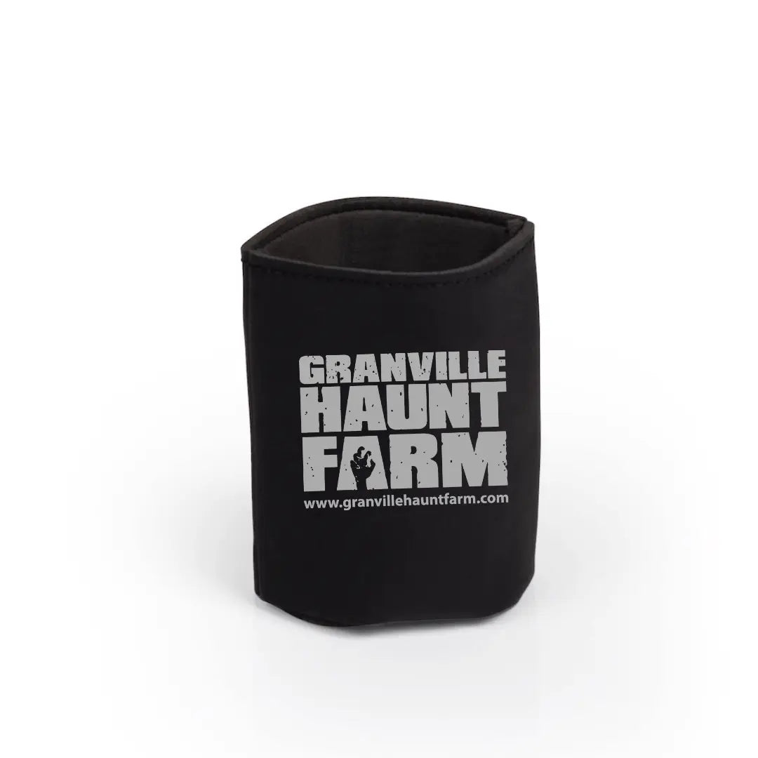 Black Granville Haunt Farm drink koozie by Winks Design Studio, LLC, designed to keep beverages cold and showcase the product.