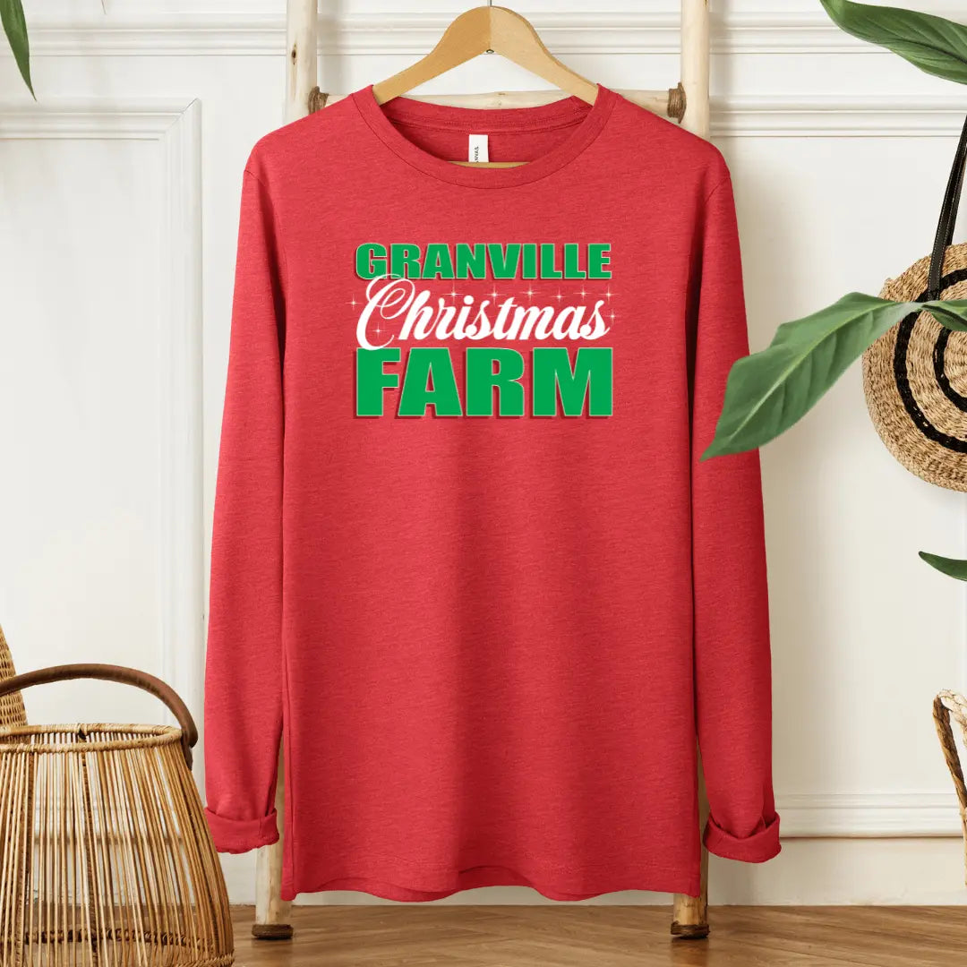 Black Granville Christmas Farm long sleeve shirt by Winks Design Studio, LLC, featuring festive holiday farm scene.