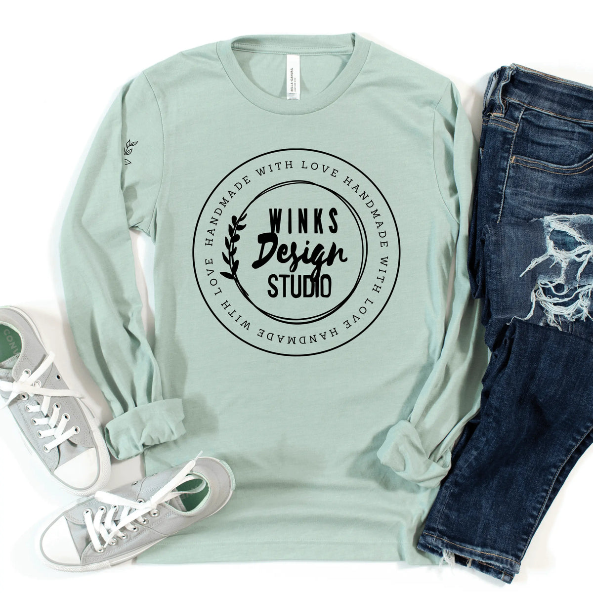 Forest green Winks Design Studio LLC WDS Logo long sleeve shirt with small logo on front, casual and comfortable fit.