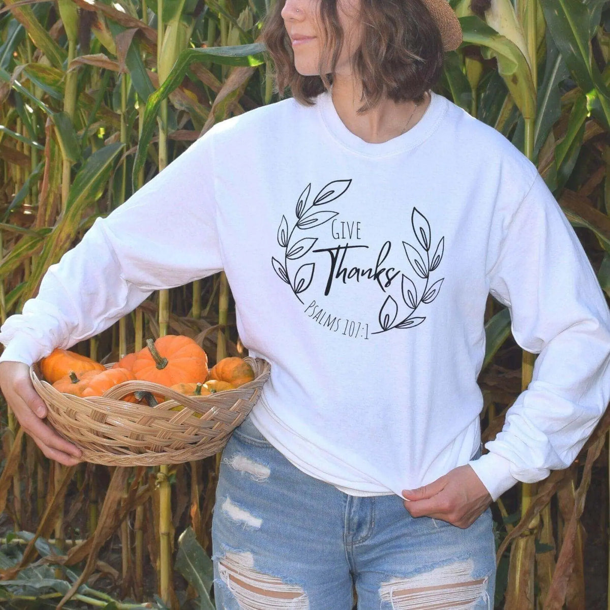 Long sleeve shirt by Winks Design Studio featuring Give Thanks Psalm 107:1 printed on soft fabric.