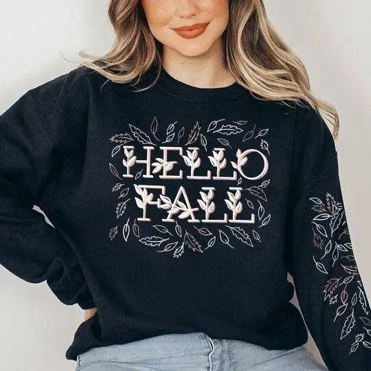 Winks Design Studio LLC Hello Fall long sleeve shirt with fall-themed design, soft fabric, and casual fit for autumn wear.