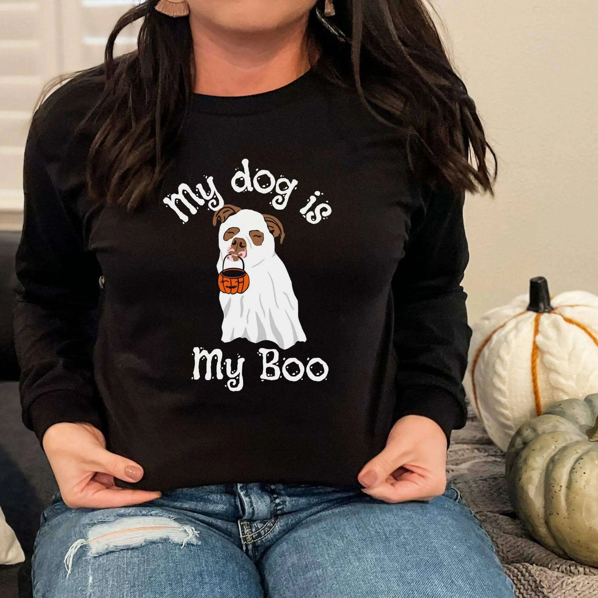 Winks Design Studio LLC long sleeve shirt with "My Dog Is My Boo" slogan, featuring a cozy fit and soft fabric.
