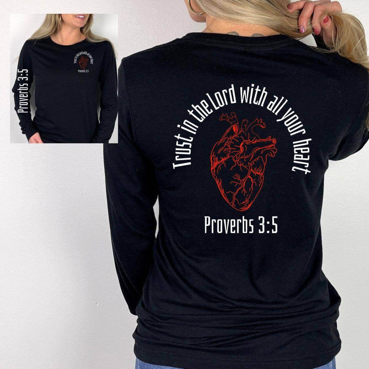 Black long sleeve shirt by Winks Design Studio LLC featuring the phrase "Trust In The Lord" printed on the front.
