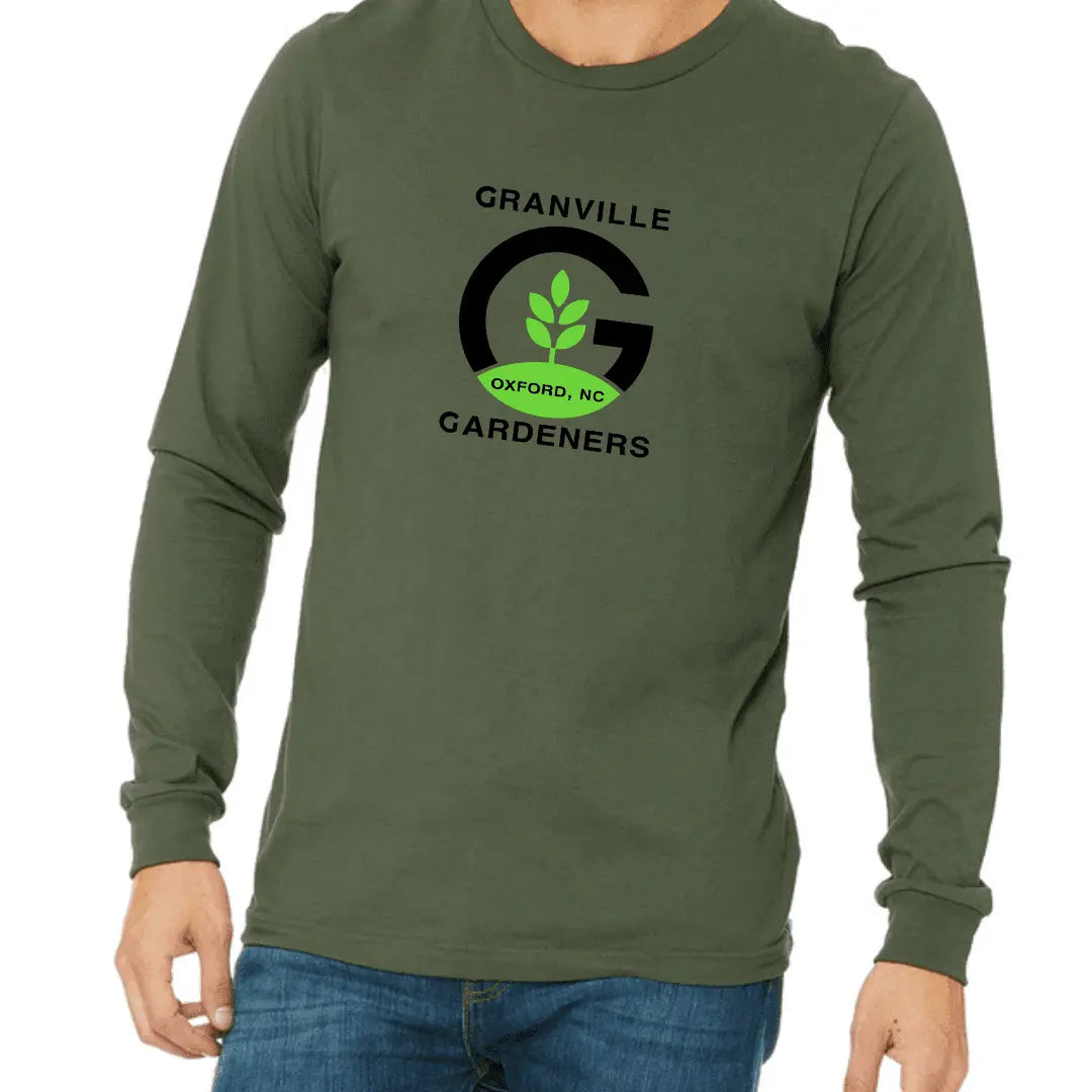 White Granville Gardeners Long Sleeve shirt by Winks Design Studio, LLC, shown on a small-sized model.