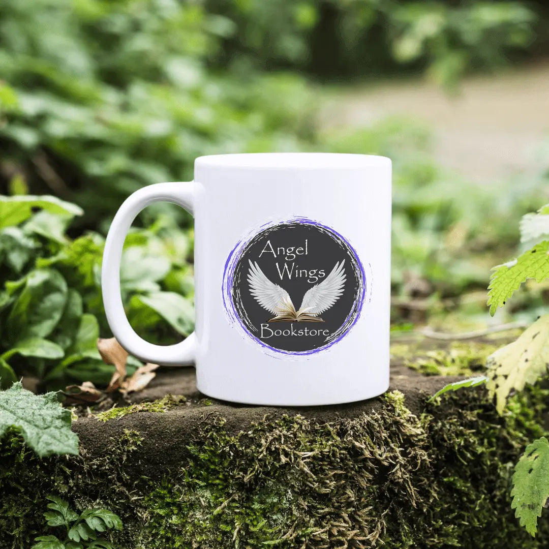 Winks Design Studio LLC ceramic mug featuring angel wings design, perfect for bookstore or angel-themed coffee drinks.