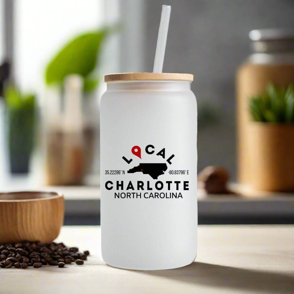 Customizable City and State 16 oz. Frosted Beer Can Glass With Bamboo Lid And Straw - Winks Design Studio,LLC