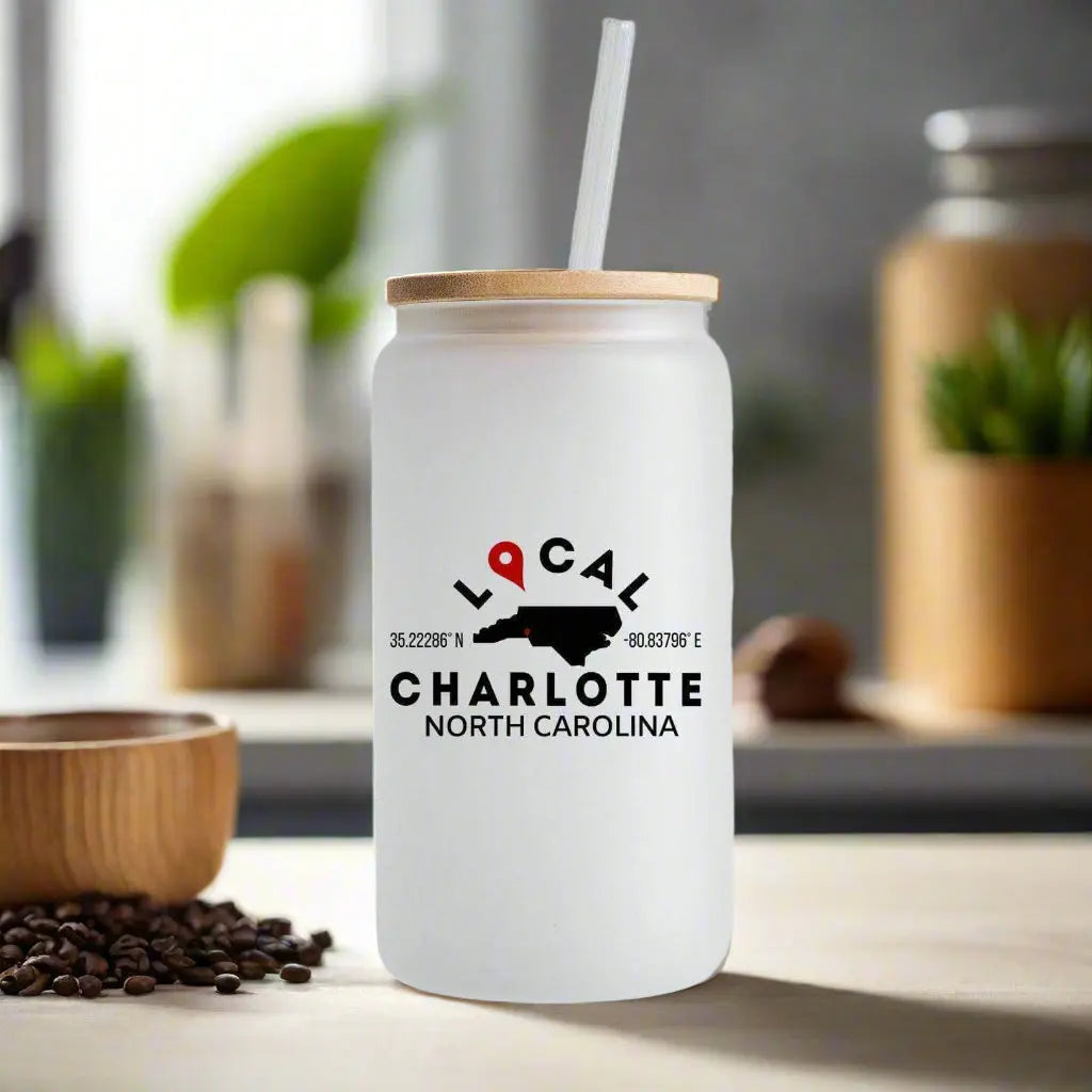 Custom city and state 16oz frosted mug by Winks Design Studio, LLC with bamboo lid and straw, featuring customizable design.