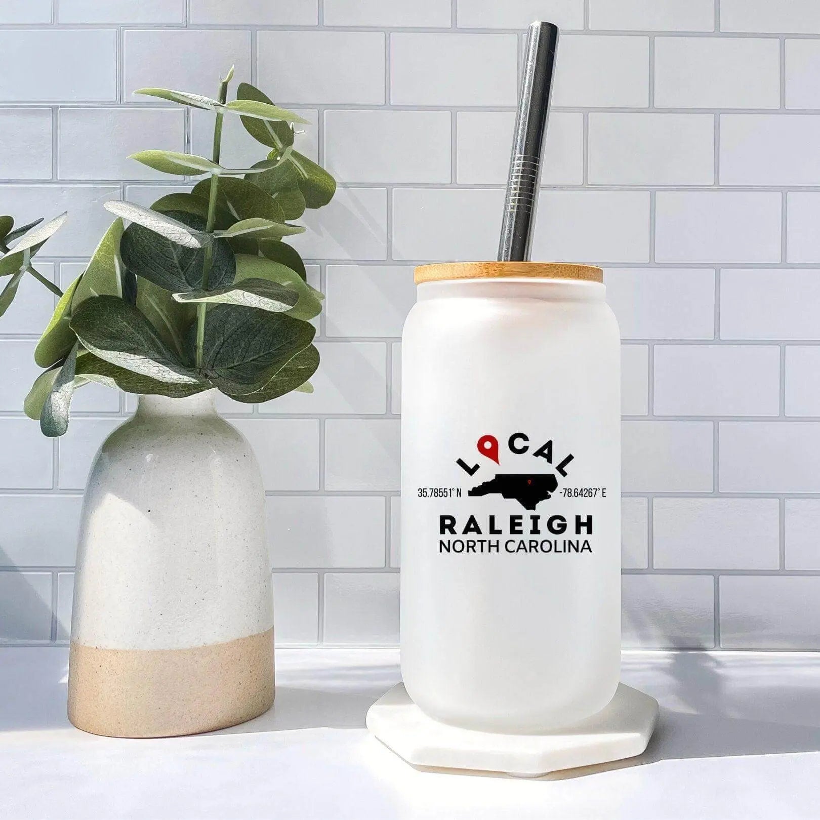 Customizable 16oz frosted city and state mug by Winks Design Studio, LLC, with bamboo lid and straw.