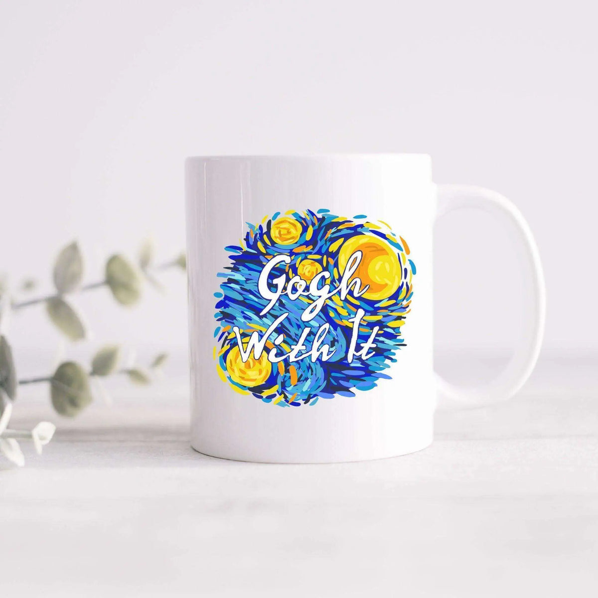 Winks Design Studio LLC Gogh With It ceramic mug featuring colorful, artistic design on white ceramic surface.