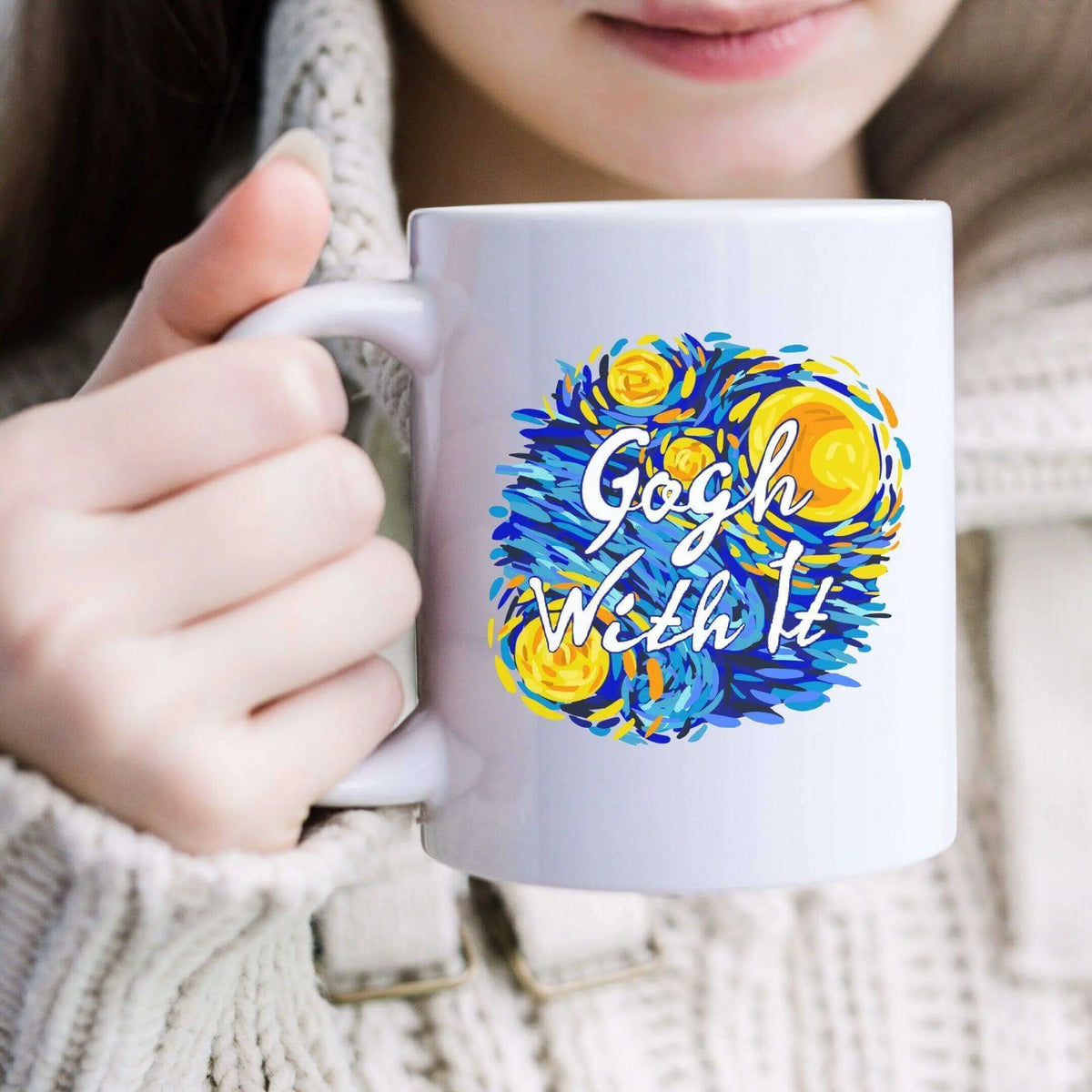 Winks Design Studio Gogh With It ceramic mug featuring colorful artwork, perfect for coffee or tea.