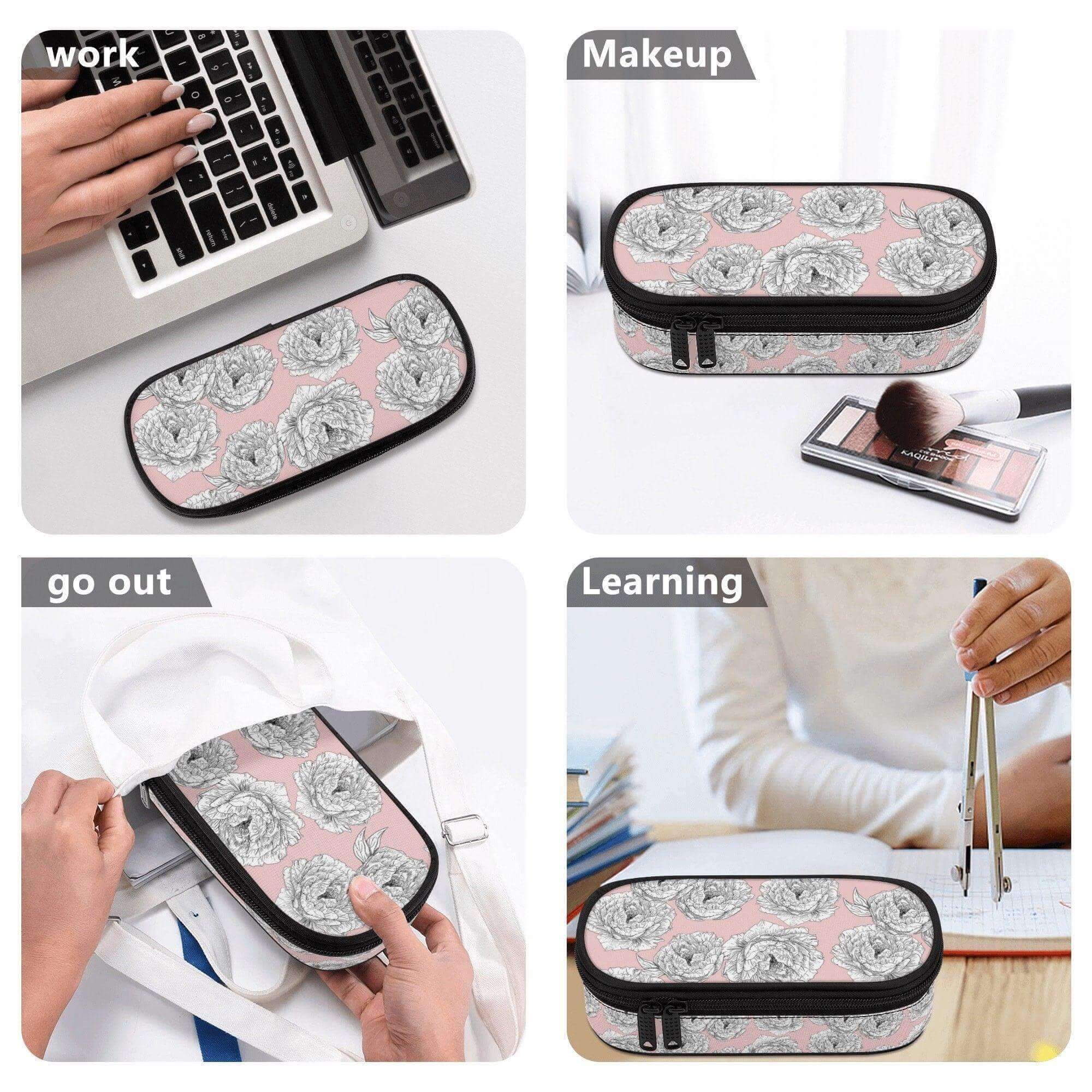Pink peony flower 3-layer pencil case organizer by Winks Design Studio, LLC, with multiple compartments for storage.