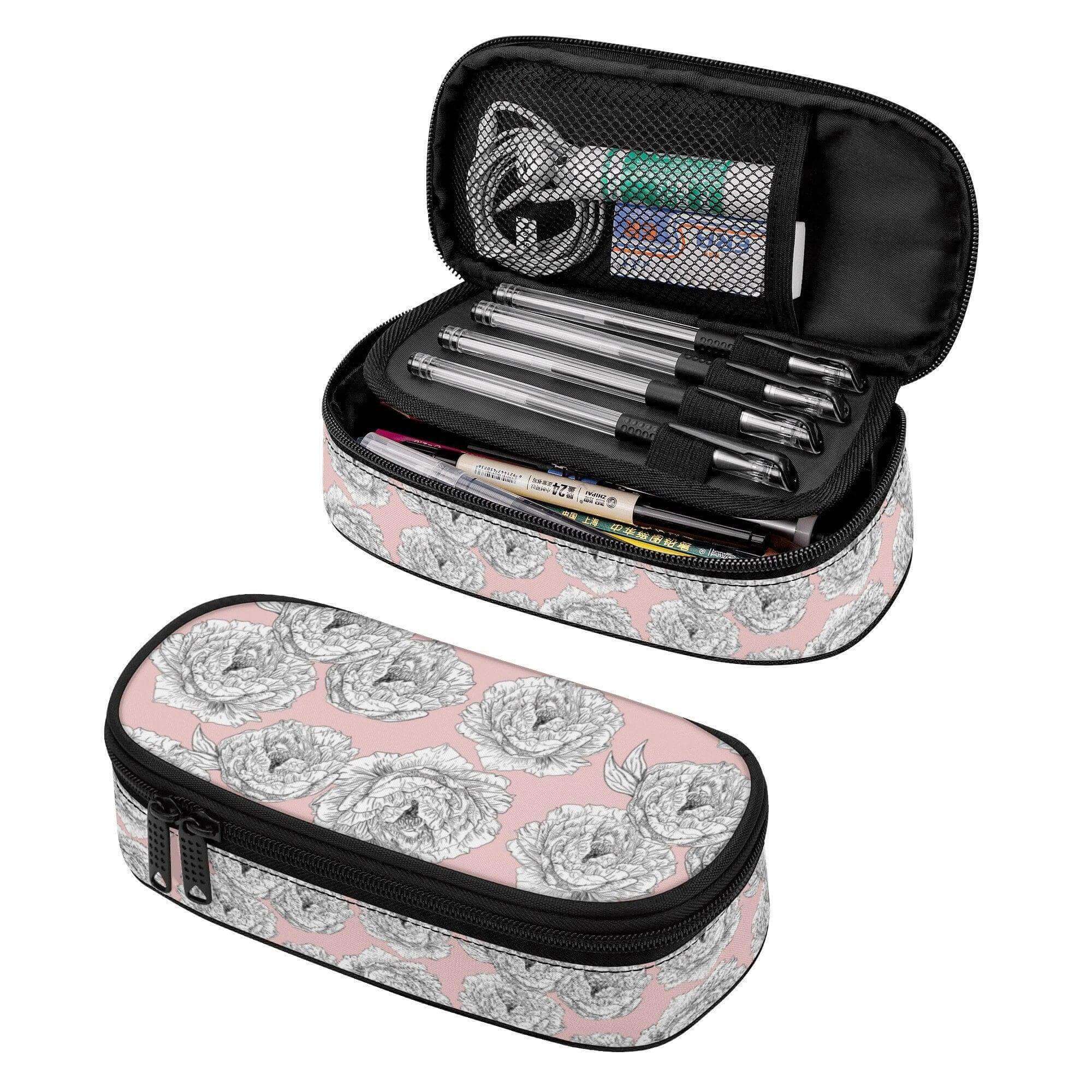 Pink Peony Flower 3-layer bag organizer pencil case by Winks Design Studio, LLC, with floral design and multiple compartments.