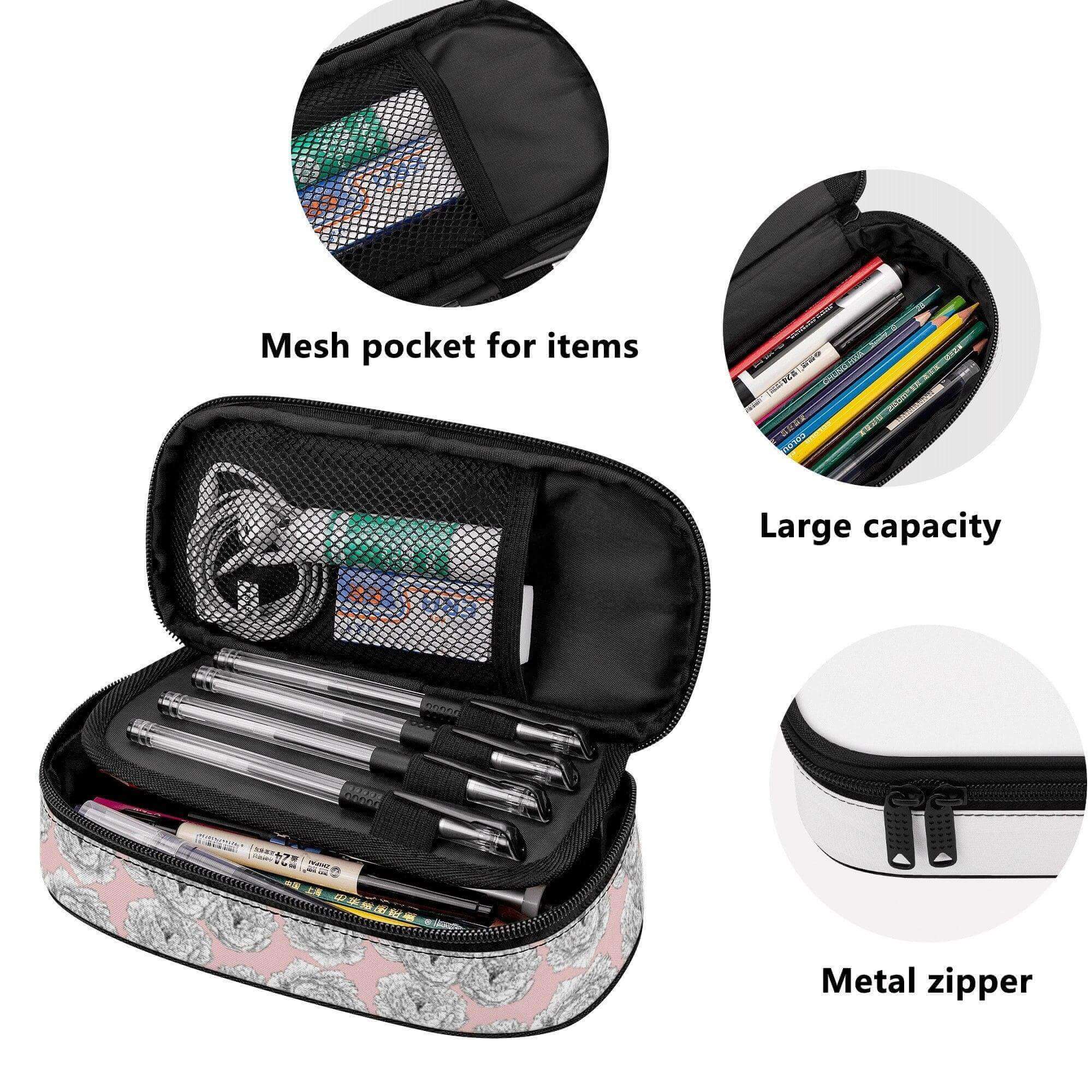 Pink peony flower 3-layer pencil case organizer by Winks Design Studio, LLC, with multiple compartments and floral design.