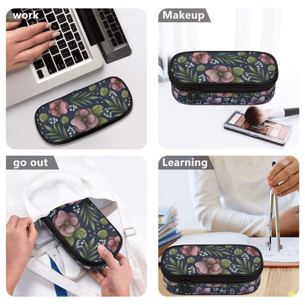 Purple Hydrangea 3-layer purse organizer pencil case by Winks Design Studio, LLC, with multiple compartments for organization.