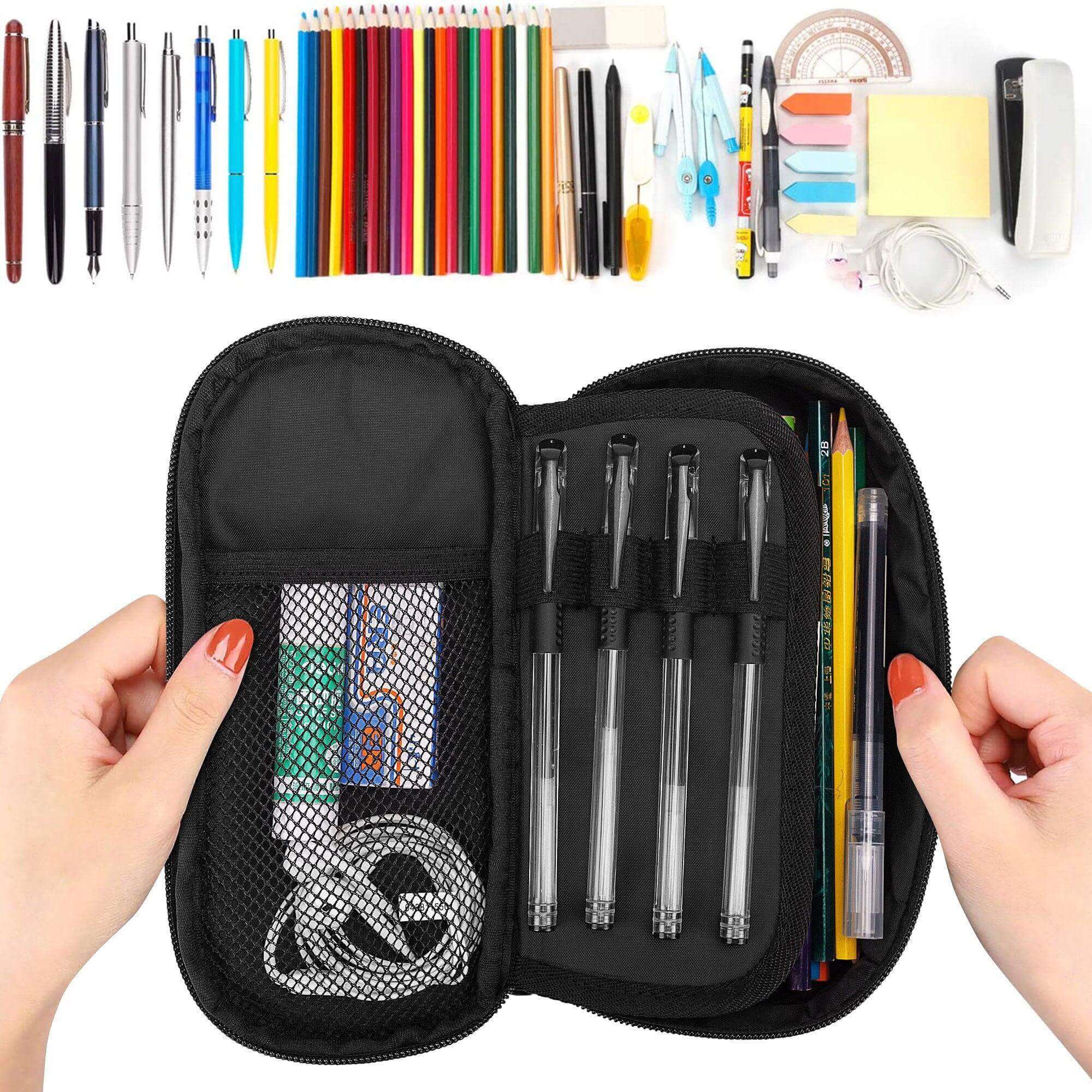 Yellow sunflower Winks Design Studio 3-layer purse organizer pencil case with multiple compartments for storage.