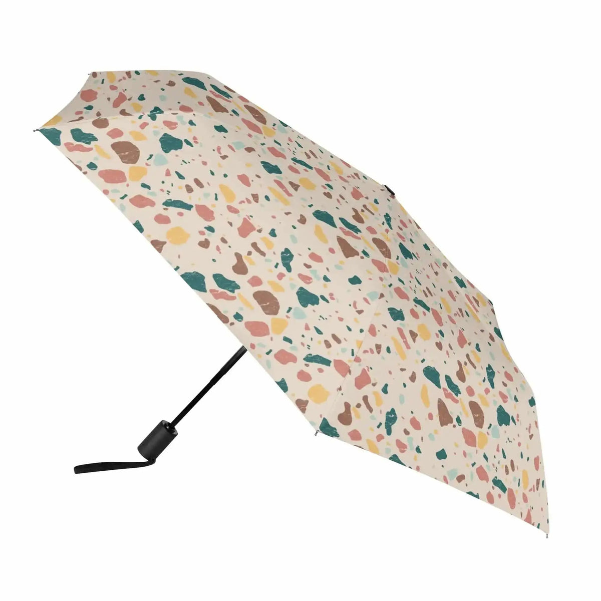 Winks Design Studio LLC terrazzo rain umbrella open with colorful terrazzo pattern and sturdy handle, perfect for rainy days.