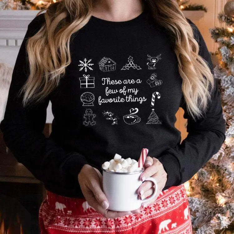 Red and white Christmas shirt by Winks Design Studio featuring "These are a Few of My Favorite Things" festive design.