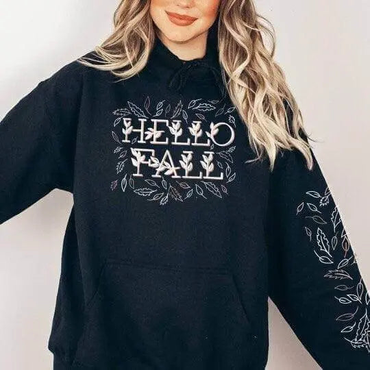 Hello Fall hoodie from Winks Design Studio, LLC, featuring a cozy fall-themed design on a casual shirt or top.