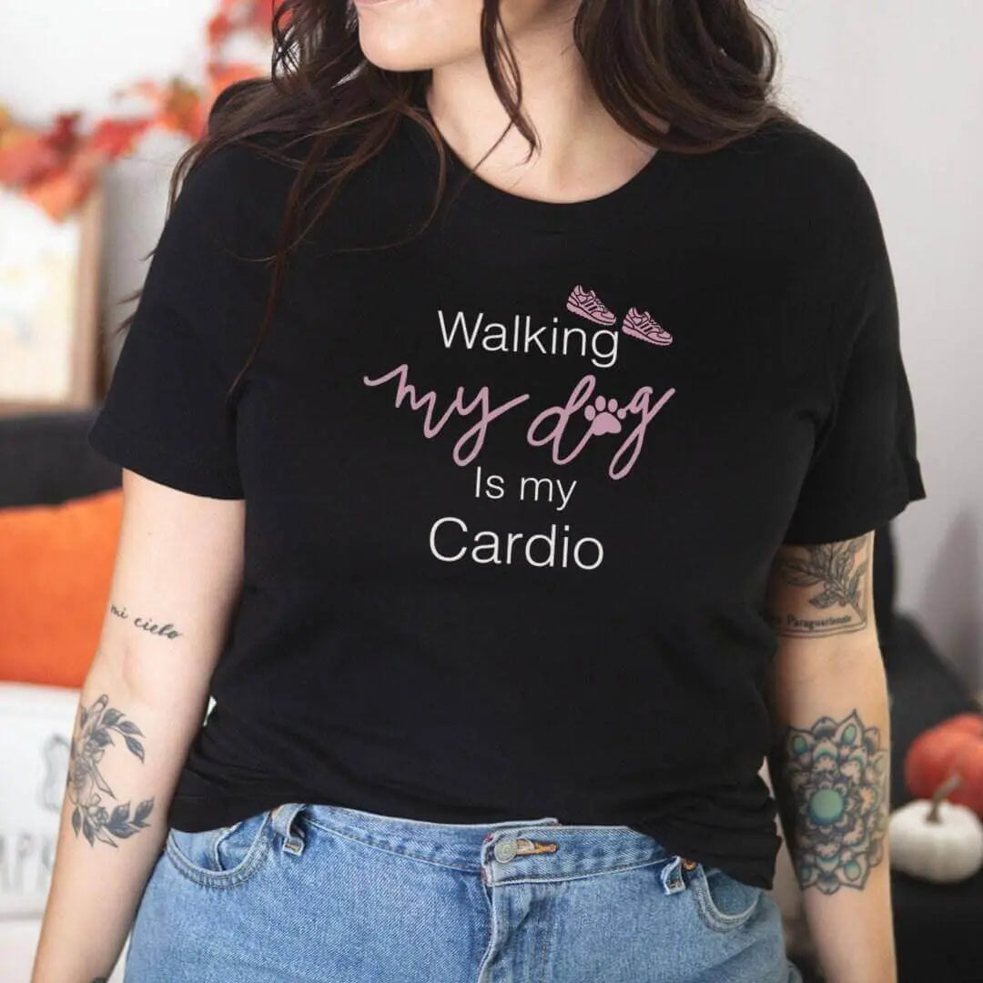 Winks Design Studio LLC walking my dog is my cardio shirt, casual short-sleeve top with dog and heart graphic for dog lovers.