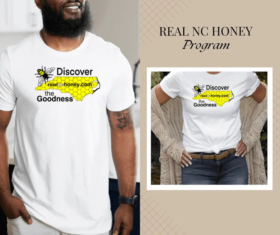 White short sleeve shirt from Winks Design Studio LLC featuring the NCSBA NC Honey Program logo and design.